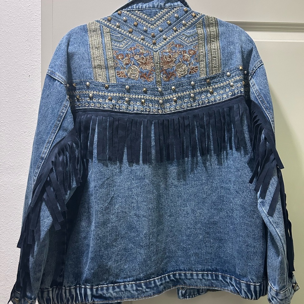 Embroidered Denim Jacket with Fringe
